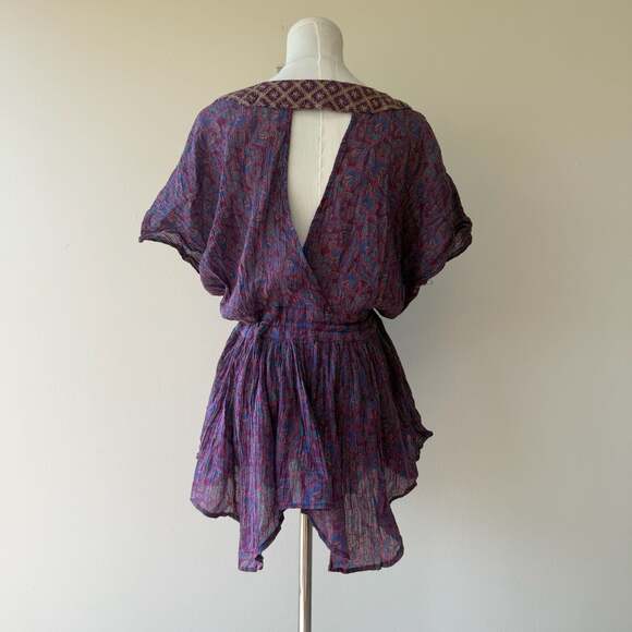 Free People Purple Paisley Embroidered Drawstring Waist Boho Blouse - Picture 5 of 12